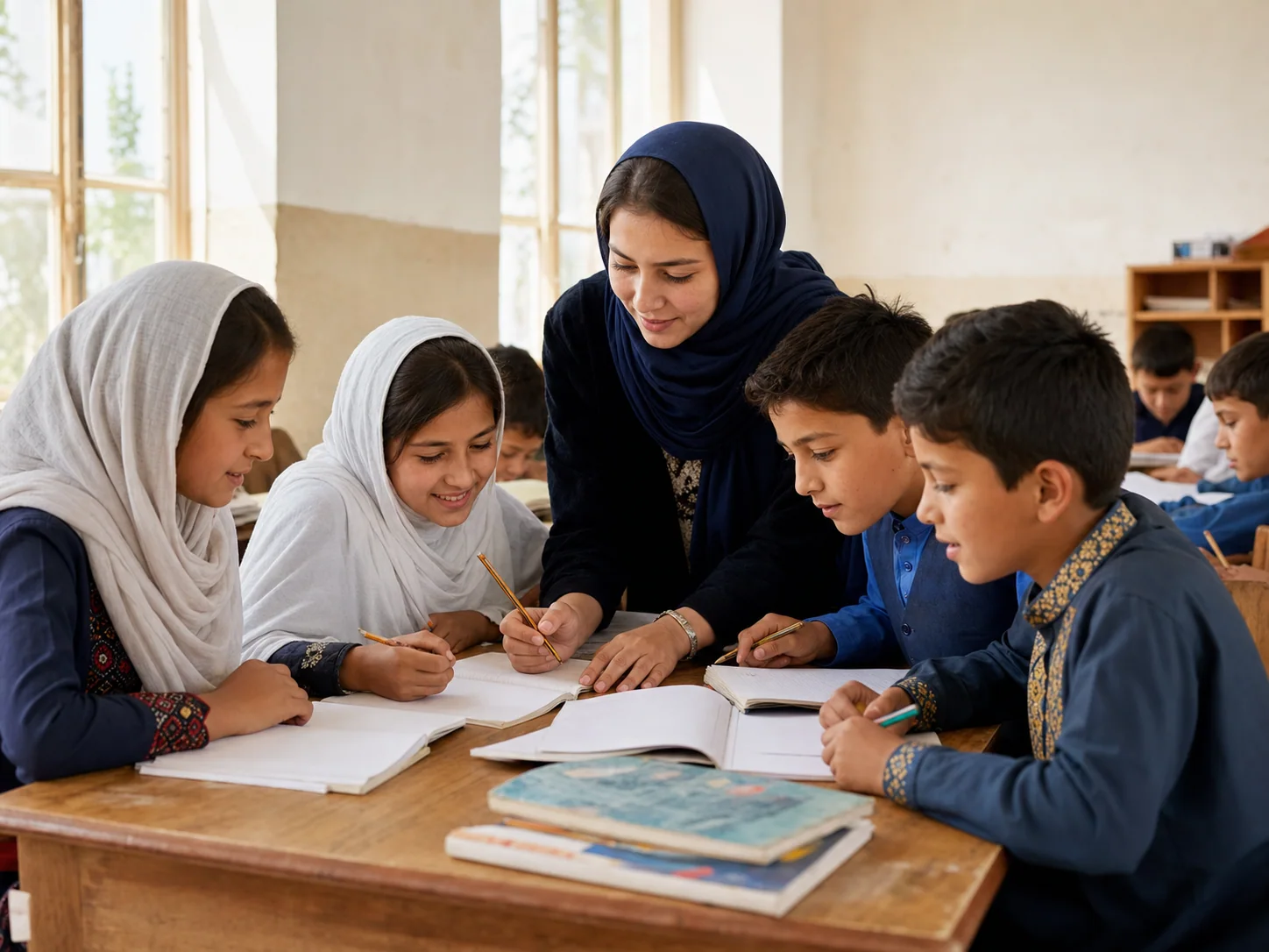 Teacher guiding girls and boys as they study together in a classroom