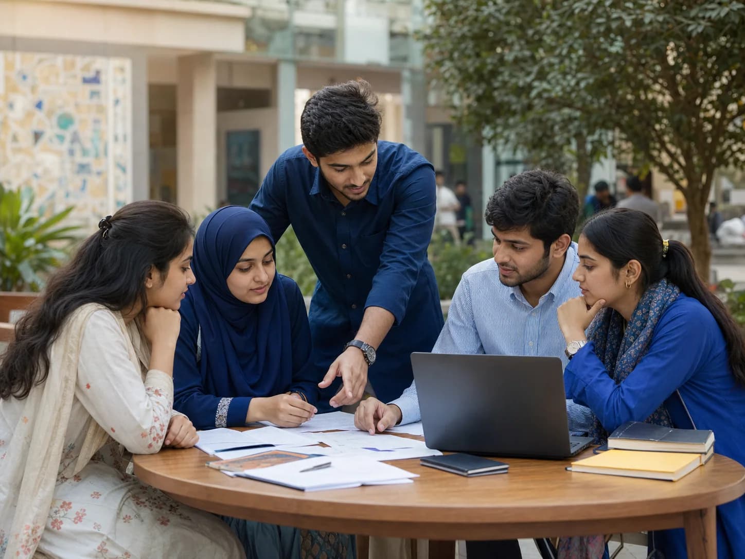 University students reviewing applications together on campus